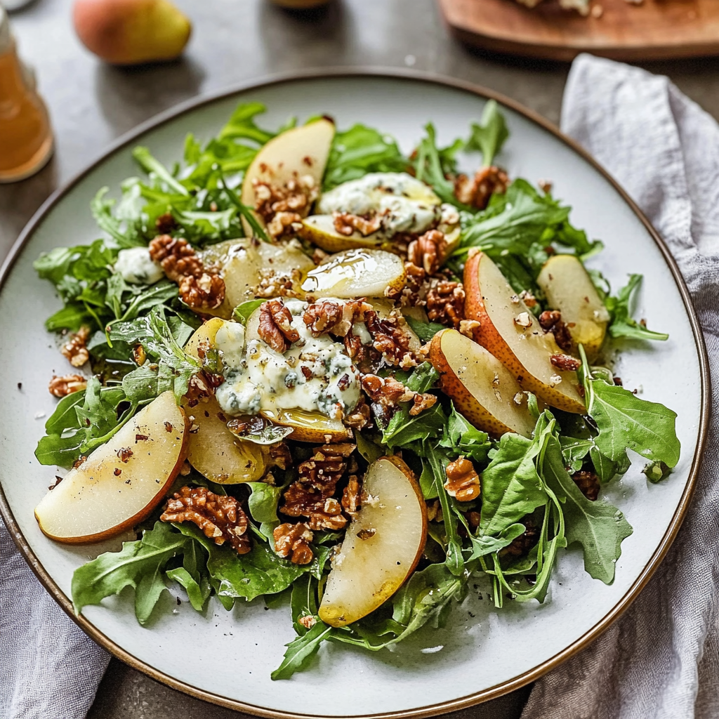 Recipe preparation for Roasted Pear and Gorgonzola Salad with Walnut Vinaigrette