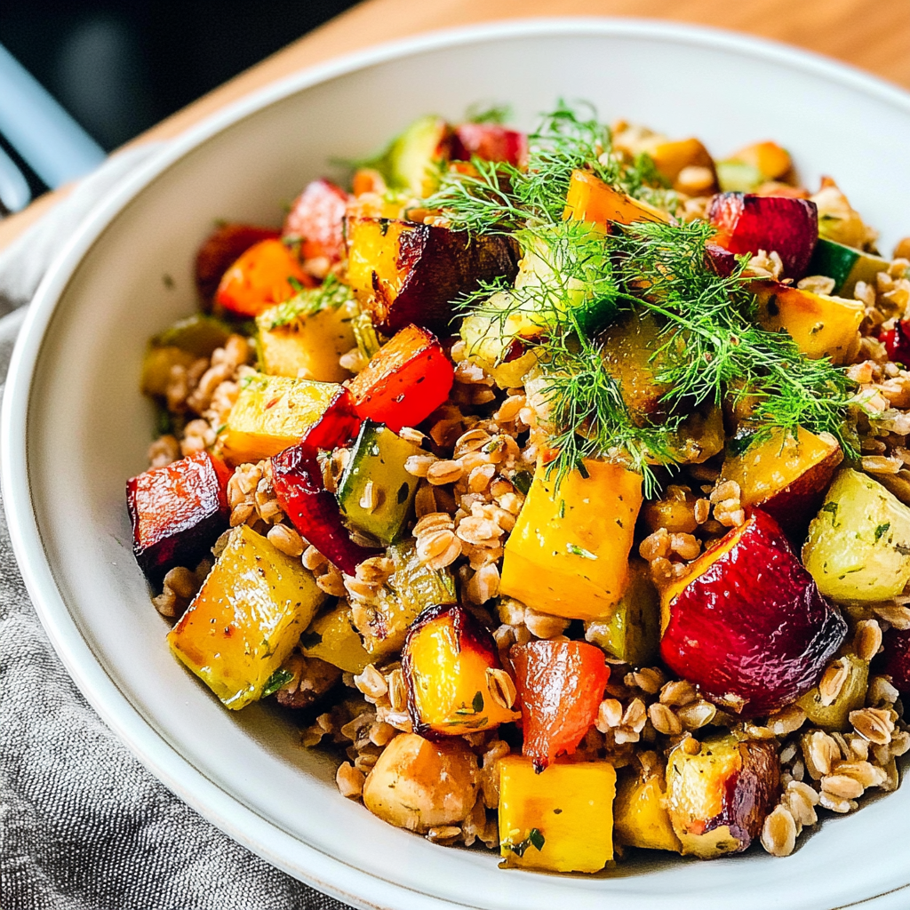 Recipe preparation for Warm Farro Bowl with Roasted Root Vegetables