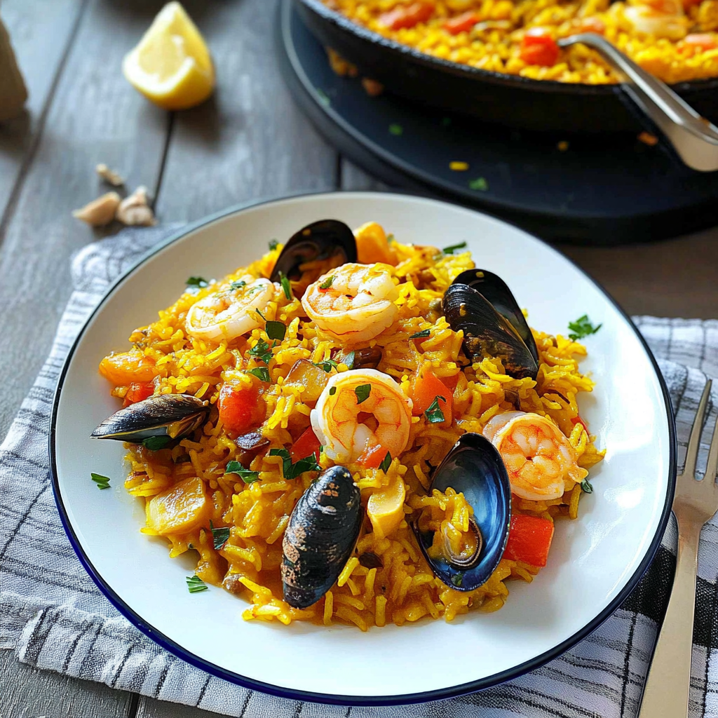 Recipe preparation for Seafood Paella with Saffron Rice