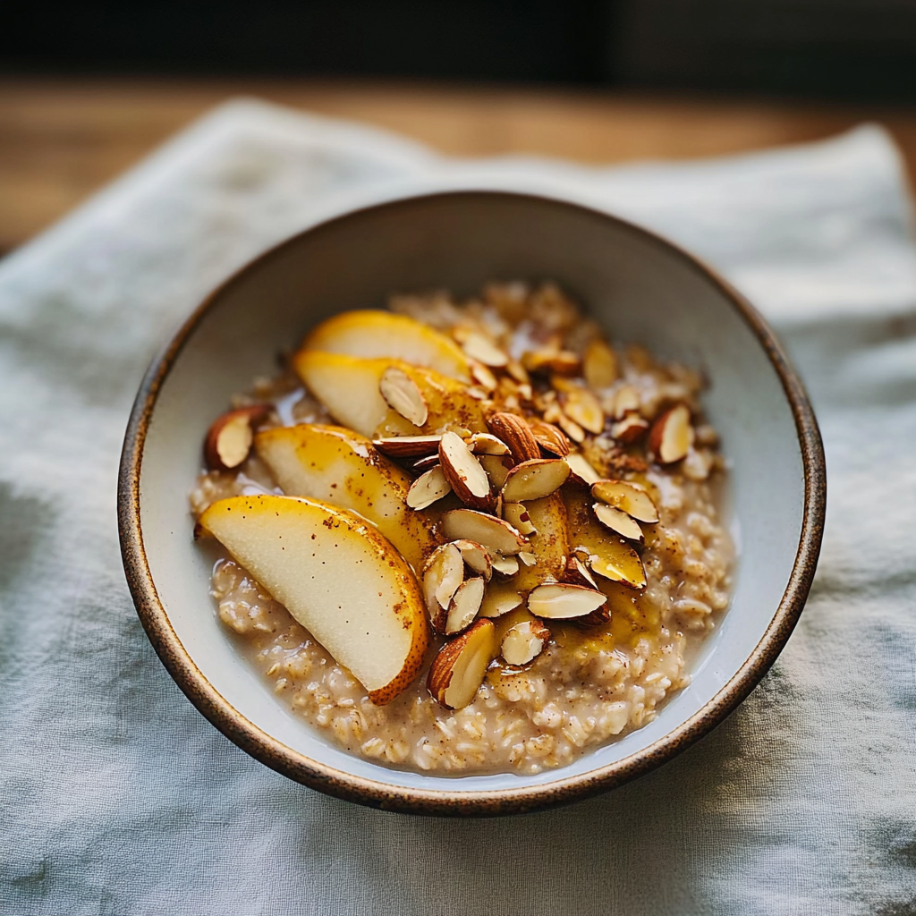 Recipe preparation for Chai-Spiced Pear Oatmeal with Toasted Almonds