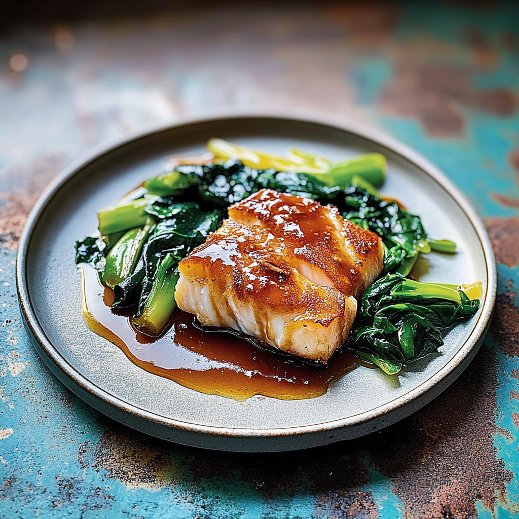 Recipe preparation for Miso-Glazed Cod with Sautéed Winter Greens