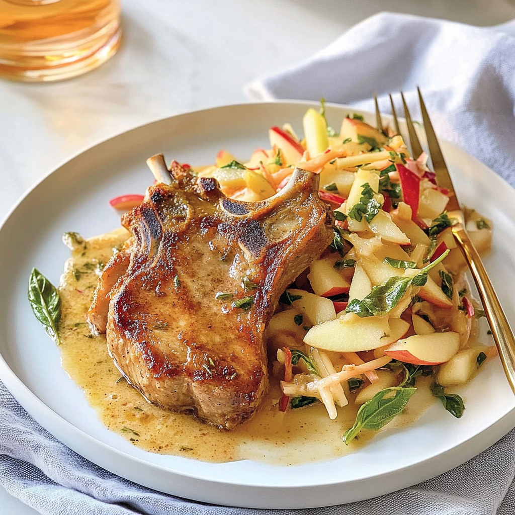 Recipe preparation for Pan-Seared Pork Chops with Warm Apple Slaw