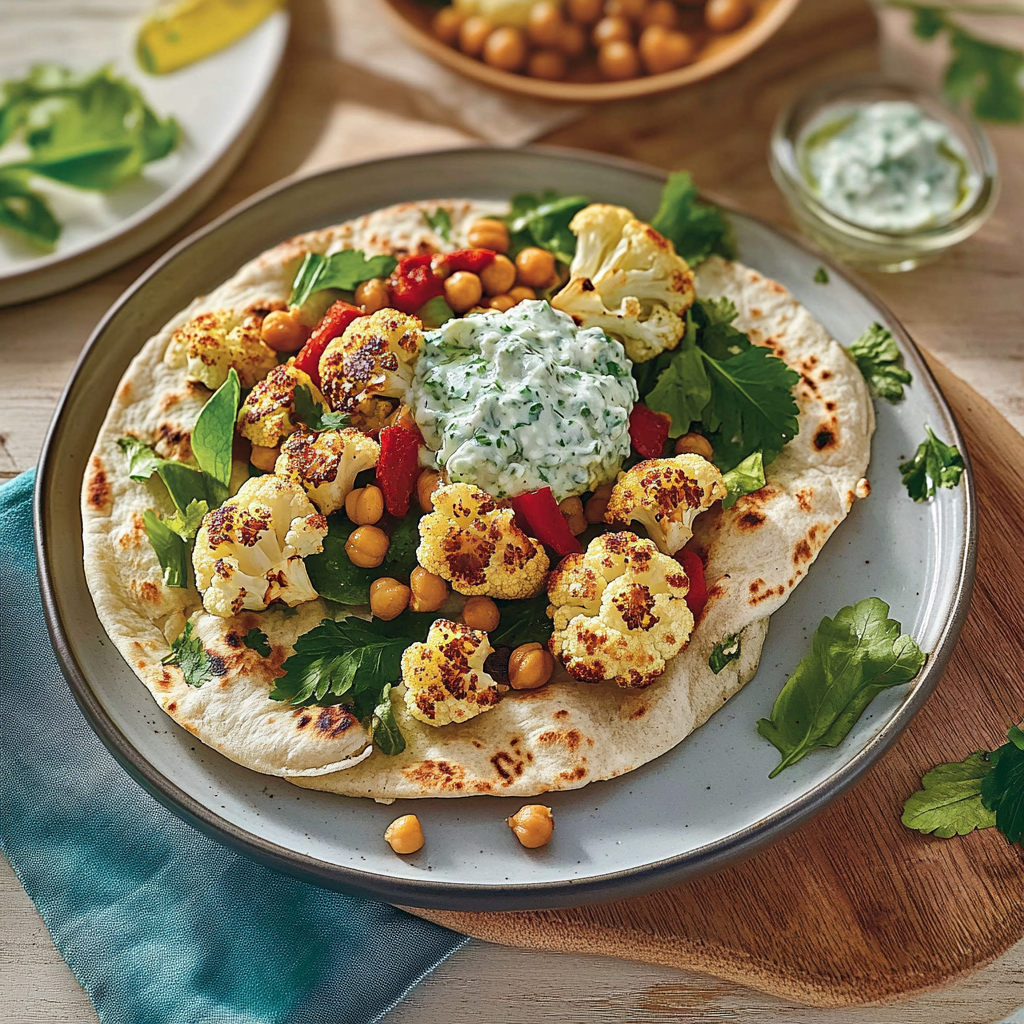 Recipe preparation for Roasted Cauliflower and Chickpea Pitas with Tzatziki