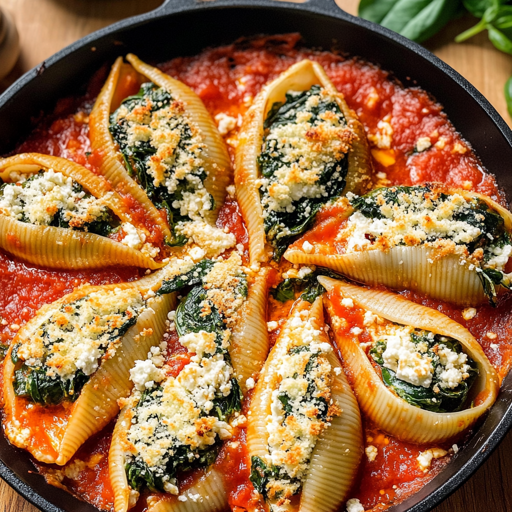 Recipe preparation for Spinach and Ricotta Stuffed Shells with Marinara
