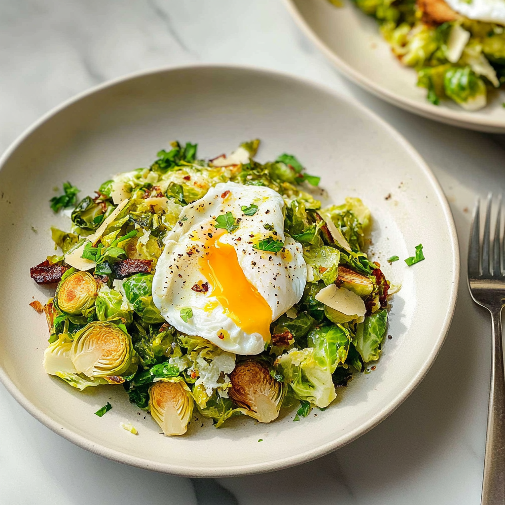 Recipe preparation for Brussels Sprout Hash with Poached Eggs and Parmesan