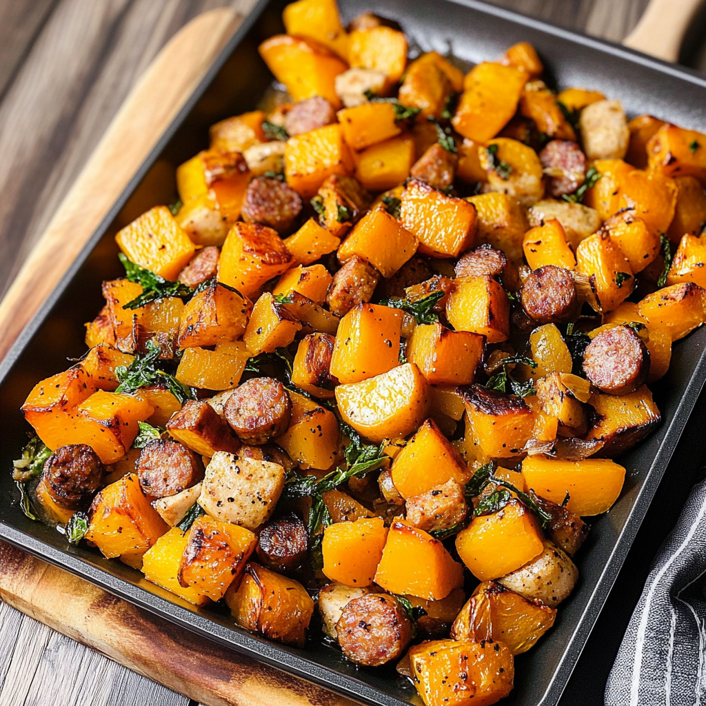Recipe preparation for Roasted Squash and Sausage Skillet Dinner