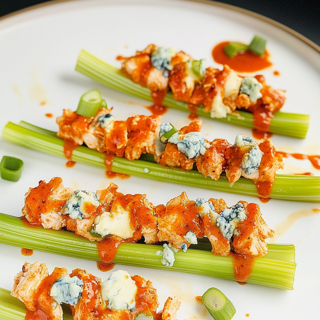 Recipe preparation for Buffalo Chicken Celery Sticks with Blue Cheese