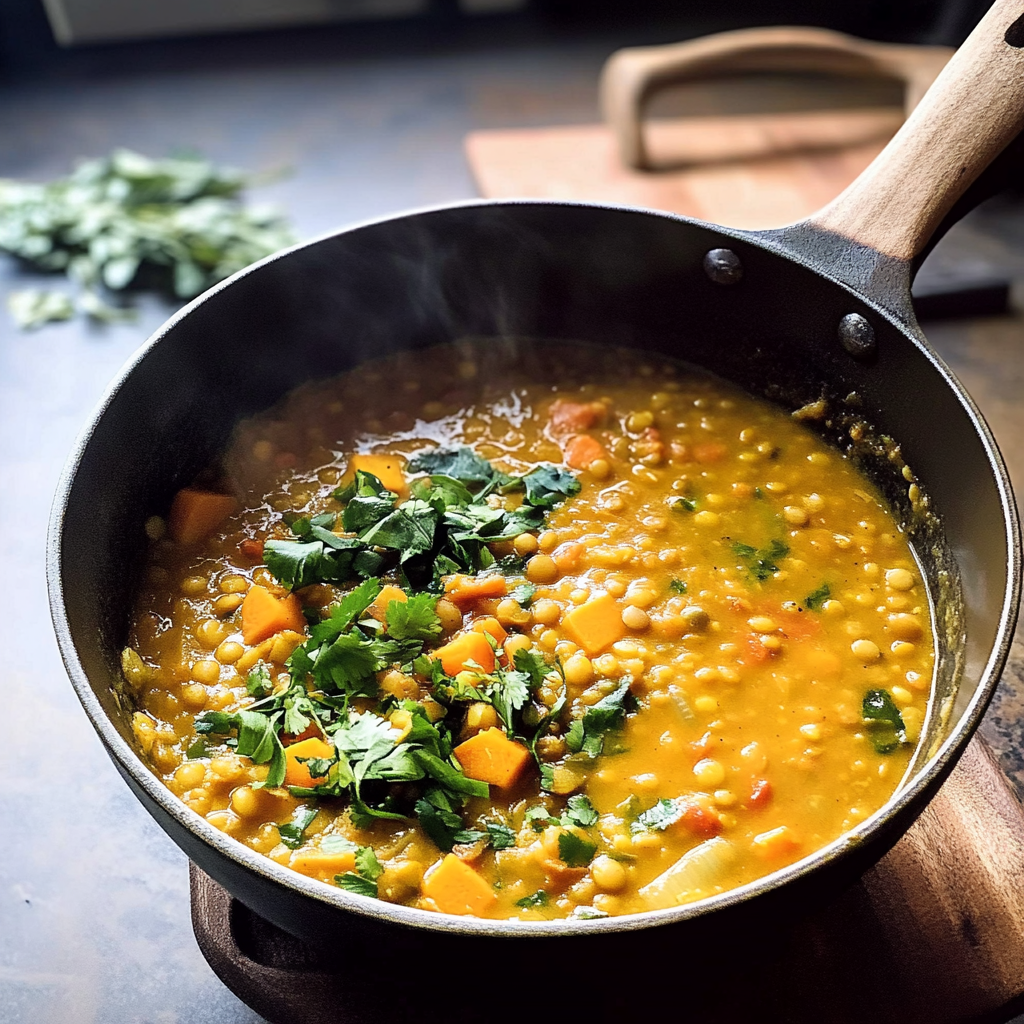 Recipe preparation for Lentil and Sweet Potato Curry Soup