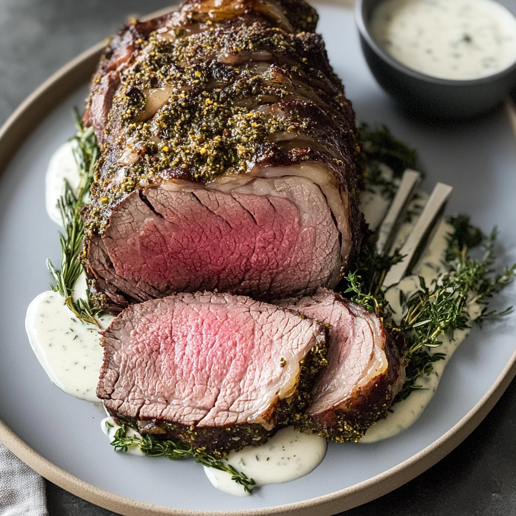 Recipe preparation for Herb-Crusted Prime Rib with Horseradish Sauce