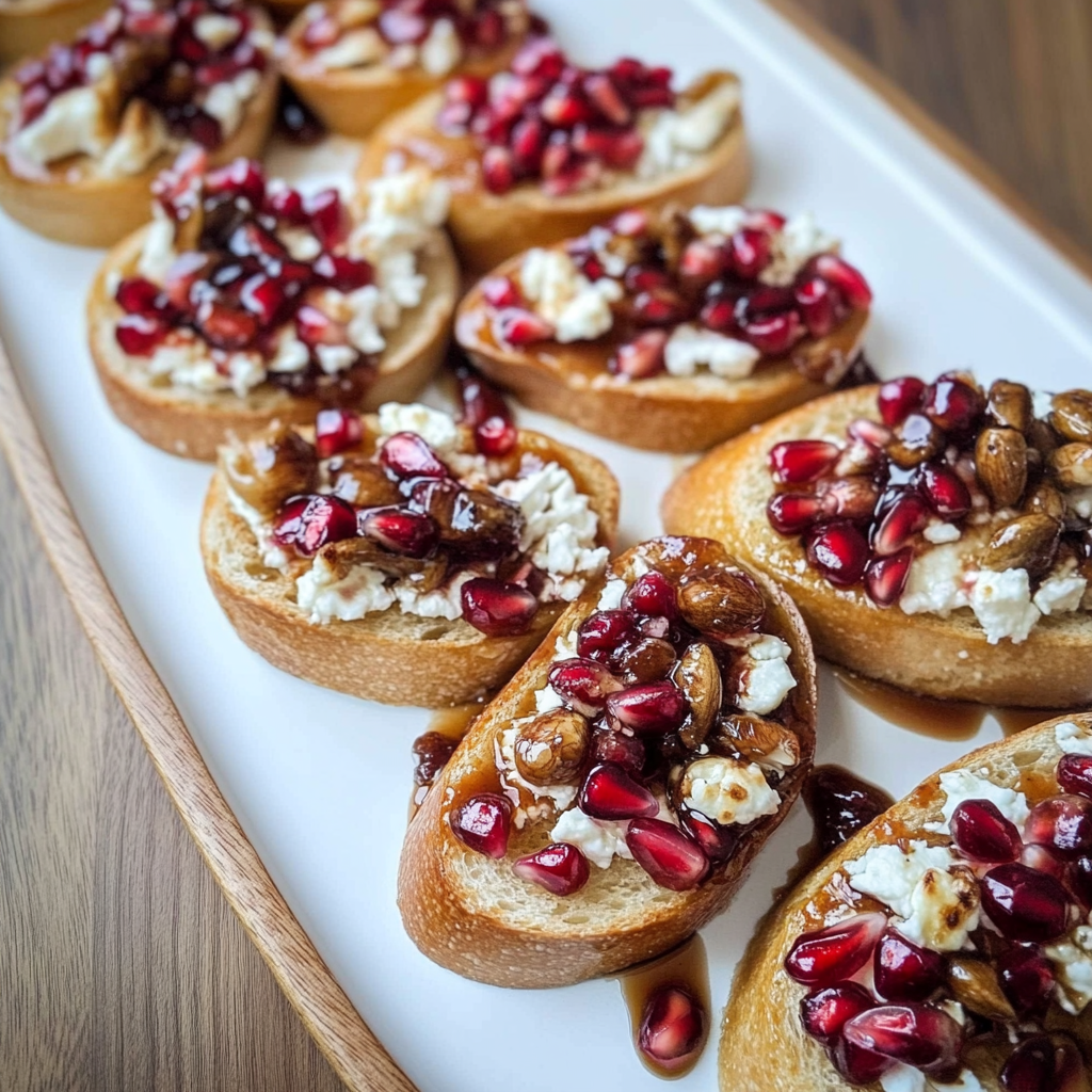 Recipe preparation for Pomegranate and Goat Cheese Toasted Crostini