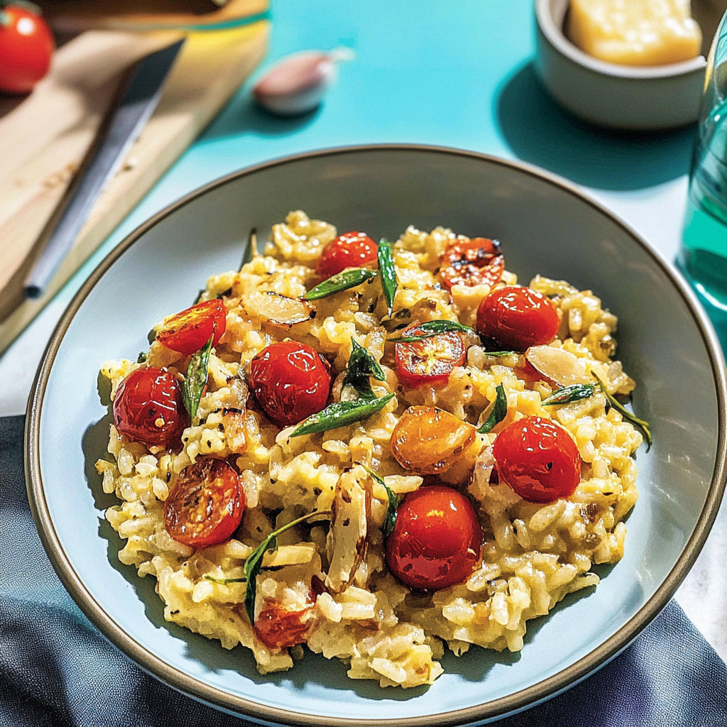 Recipe preparation for Roasted Cherry Tomato and Garlic Risotto